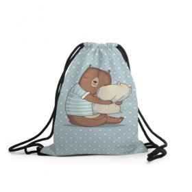 Рюкзак-мешок 3D с принтом Сонный мишка с подушкой в Екатеринбурге, 100% полиэстер | плотность ткани — 200 г/м2, размер — 35 х 45 см; лямки — толстые шнурки, застежка на шнуровке, без карманов и подкладки | медведь | милота | милый | милый мишка | миша | мишка | подушка | сон | сонный | спит