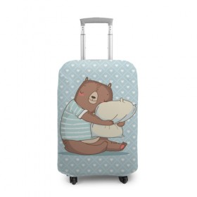 Чехол для чемодана 3D с принтом Сонный мишка с подушкой в Екатеринбурге, 86% полиэфир, 14% спандекс | двустороннее нанесение принта, прорези для ручек и колес | медведь | милота | милый | милый мишка | миша | мишка | подушка | сон | сонный | спит