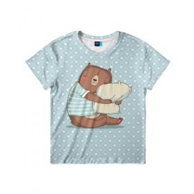 Детская футболка 3D с принтом Сонный мишка с подушкой в Екатеринбурге, 100% гипоаллергенный полиэфир | прямой крой, круглый вырез горловины, длина до линии бедер, чуть спущенное плечо, ткань немного тянется | Тематика изображения на принте: медведь | милота | милый | милый мишка | миша | мишка | подушка | сон | сонный | спит