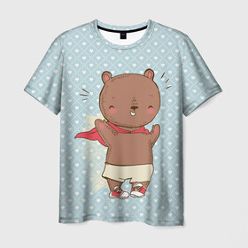 Мужская футболка 3D с принтом Мишка супергерой в Екатеринбурге, 100% полиэфир | прямой крой, круглый вырез горловины, длина до линии бедер | герой | медведь | милота | милый | милый мишка | миша | мишка | плащ | супергерой | супермен | супермэн