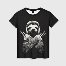 Женская футболка 3D с принтом Slotherine в Екатеринбурге, 100% полиэфир ( синтетическое хлопкоподобное полотно) | прямой крой, круглый вырез горловины, длина до линии бедер | animals | wolverine | ленивец | росомаха
