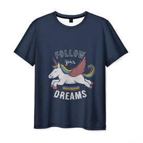 Мужская футболка 3D с принтом Unicorn. Follow your Dreams в Екатеринбурге, 100% полиэфир | прямой крой, круглый вырез горловины, длина до линии бедер | care | dream | fantasy | horn | horse | magic | night | rainbow | star | stars | unicorn | единорог | звезда | звезды | инрог | конь | лошадь | магия | мечта | ночь | радуга | рог | фантастика | фентези