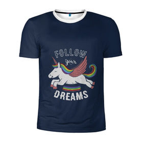 Мужская футболка 3D спортивная с принтом Unicorn. Follow your Dreams в Екатеринбурге, 100% полиэстер с улучшенными характеристиками | приталенный силуэт, круглая горловина, широкие плечи, сужается к линии бедра | care | dream | fantasy | horn | horse | magic | night | rainbow | star | stars | unicorn | единорог | звезда | звезды | инрог | конь | лошадь | магия | мечта | ночь | радуга | рог | фантастика | фентези
