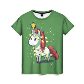 Женская футболка 3D с принтом Magical Unicorn в Екатеринбурге, 100% полиэфир ( синтетическое хлопкоподобное полотно) | прямой крой, круглый вырез горловины, длина до линии бедер | 202 | christmas | new year | unicorn | гирлянда | единорог | елка | новый год | праздник | рождество