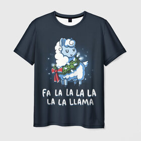 Мужская футболка 3D с принтом Fa-la-lama в Екатеринбурге, 100% полиэфир | прямой крой, круглый вырез горловины, длина до линии бедер | alpaca | lama | new year | sweater | ugly | альпака | лама | новый год | рождество | свитер