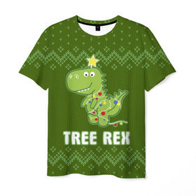 Мужская футболка 3D с принтом Tree Rex в Екатеринбурге, 100% полиэфир | прямой крой, круглый вырез горловины, длина до линии бедер | christmas tree | new year | t rex | tyrannosaurus | динозавр | елка | ель | новый год | свитер | тиранозавр