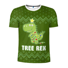 Мужская футболка 3D спортивная с принтом Tree Rex в Екатеринбурге, 100% полиэстер с улучшенными характеристиками | приталенный силуэт, круглая горловина, широкие плечи, сужается к линии бедра | Тематика изображения на принте: christmas tree | new year | t rex | tyrannosaurus | динозавр | елка | ель | новый год | свитер | тиранозавр