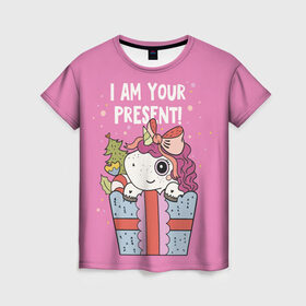 Женская футболка 3D с принтом I am your Present в Екатеринбурге, 100% полиэфир ( синтетическое хлопкоподобное полотно) | прямой крой, круглый вырез горловины, длина до линии бедер | 202 | christmas | new year | unicorn | гирлянда | единорог | елка | новый год | подарок | праздник | рождество