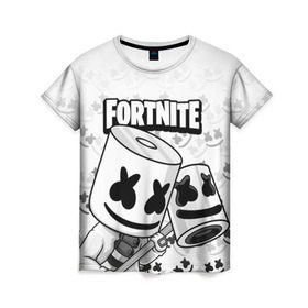 Женская футболка 3D с принтом FORTNITE MARSHMELLO в Екатеринбурге, 100% полиэфир ( синтетическое хлопкоподобное полотно) | прямой крой, круглый вырез горловины, длина до линии бедер | chapter 2 | fortnite | marshmello | диджей | игры | маршмэллоу | молоток | фортнайт