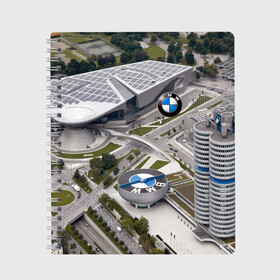 Тетрадь с принтом BMW city в Екатеринбурге, 100% бумага | 48 листов, плотность листов — 60 г/м2, плотность картонной обложки — 250 г/м2. Листы скреплены сбоку удобной пружинной спиралью. Уголки страниц и обложки скругленные. Цвет линий — светло-серый
 | Тематика изображения на принте: bmw | buildings | city | germany | munich | prestige | бмв | германия | город | здания | мюнхен | престиж