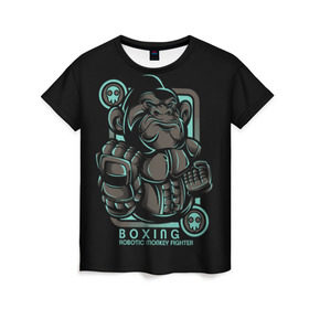 Женская футболка 3D с принтом Gorilla fighter в Екатеринбурге, 100% полиэфир ( синтетическое хлопкоподобное полотно) | прямой крой, круглый вырез горловины, длина до линии бедер | boxing | cool | fighter | fist | glove | gorilla | monkey | power | punch | robot | боец | бокс | горилла | крутая | кулак | обезьяна | перчатка | робот | сила | удар