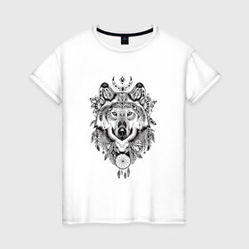 Женская футболка хлопок с принтом Волк в Екатеринбурге, 100% хлопок | прямой крой, круглый вырез горловины, длина до линии бедер, слегка спущенное плечо | волк | ловец снов | перья | сон