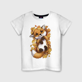 Детская футболка хлопок с принтом Осенний лисёнок в Екатеринбурге, 100% хлопок | круглый вырез горловины, полуприлегающий силуэт, длина до линии бедер | fox | лис | лиса | лисёнок | лисичка | листва | листья | осень | рыжая