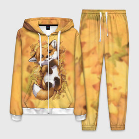 Мужской костюм 3D с принтом Осенний лисёнок в Екатеринбурге, 100% полиэстер | Манжеты и пояс оформлены тканевой резинкой, двухслойный капюшон со шнурком для регулировки, карманы спереди | Тематика изображения на принте: fox | лис | лиса | лисёнок | лисичка | листва | листья | осень | рыжая