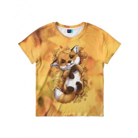 Детская футболка 3D с принтом Осенний лисёнок в Екатеринбурге, 100% гипоаллергенный полиэфир | прямой крой, круглый вырез горловины, длина до линии бедер, чуть спущенное плечо, ткань немного тянется | fox | лис | лиса | лисёнок | лисичка | листва | листья | осень | рыжая