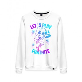 Женский свитшот хлопок с принтом FORTNITE x MARSHMELLO в Екатеринбурге, 100% хлопок | прямой крой, круглый вырез, на манжетах и по низу широкая трикотажная резинка  | fortnite | fortnite 2 | fortnite x | marshmello | ninja | ninja hyper streamer | ninja streamer | streamer | tyler blevins | маршмелло | ниндзя | фортнайт | фортнайт 2 | фортнайт глава 2