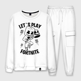 Мужской костюм хлопок с принтом FORTNITE x MARSHMELLO в Екатеринбурге, 100% хлопок | на свитшоте круглая горловина, мягкая резинка по низу. Брюки заужены к низу, на них два вида карманов: два “обычных” по бокам и два объемных, с клапанами, расположенные ниже линии бедра. Брюки с мягкой трикотажной резинкой на поясе и по низу штанин. В поясе для дополнительного комфорта — широкие завязки | fortnite | fortnite 2 | fortnite x | marshmello | ninja | ninja hyper streamer | ninja streamer | streamer | tyler blevins | маршмелло | ниндзя | фортнайт | фортнайт 2 | фортнайт глава 2