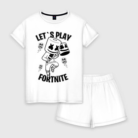 Женская пижама с шортиками хлопок с принтом FORTNITE x MARSHMELLO в Екатеринбурге, 100% хлопок | футболка прямого кроя, шорты свободные с широкой мягкой резинкой | fortnite | fortnite 2 | fortnite x | marshmello | ninja | ninja hyper streamer | ninja streamer | streamer | tyler blevins | маршмелло | ниндзя | фортнайт | фортнайт 2 | фортнайт глава 2