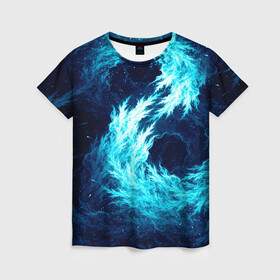 Женская футболка 3D с принтом Abstract fractal blue flame в Екатеринбурге, 100% полиэфир ( синтетическое хлопкоподобное полотно) | прямой крой, круглый вырез горловины, длина до линии бедер | abstract | colors | dark | flame | fractal | space | абстракция | космос | краски | огонь | пламя | тёмный | фрактал