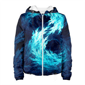 Женская куртка 3D с принтом Abstract fractal blue flame в Екатеринбурге, ткань верха — 100% полиэстер, подклад — флис | прямой крой, подол и капюшон оформлены резинкой с фиксаторами, два кармана без застежек по бокам, один большой потайной карман на груди. Карман на груди застегивается на липучку | abstract | colors | dark | flame | fractal | space | абстракция | космос | краски | огонь | пламя | тёмный | фрактал