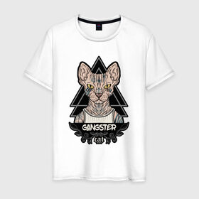 Мужская футболка хлопок с принтом кот сфинкс гангстер в Екатеринбурге, 100% хлопок | прямой крой, круглый вырез горловины, длина до линии бедер, слегка спущенное плечо. | гангста | гангстер | кот | крутой | стиль | сфинкс