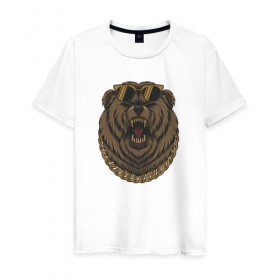 Мужская футболка хлопок с принтом медведь гангстер крутой с цепь в Екатеринбурге, 100% хлопок | прямой крой, круглый вырез горловины, длина до линии бедер, слегка спущенное плечо. | гангстер | животные | медведь | оскал | стиль | цепь