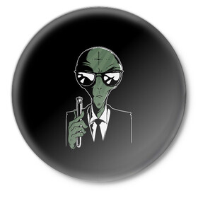 Значок с принтом Пришелец в Черном в Екатеринбурге,  металл | круглая форма, металлическая застежка в виде булавки | alien | men in black | ufo | инопланетяне | инопланетянин | люди в черном | нло | пришелец | пришельцы