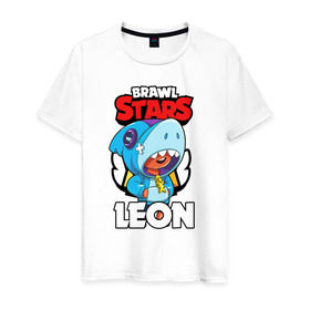 Мужская футболка хлопок с принтом BRAWL STARS LEON SHARK в Екатеринбурге, 100% хлопок | прямой крой, круглый вырез горловины, длина до линии бедер, слегка спущенное плечо. | Тематика изображения на принте: brawl stars | bull | colt | crow | leon | leon shark | shark | stars | акула | берли | ворон | динамайк | кольт | леон | леон акула | нита | спайк | шелли | эль примо
