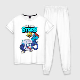 Женская пижама хлопок с принтом BRAWL STARS 8-BIT в Екатеринбурге, 100% хлопок | брюки и футболка прямого кроя, без карманов, на брюках мягкая резинка на поясе и по низу штанин | 8 bit | 8 бит | brawl stars | bull | colt | crow | leon | leon shark | shark | stars | акула | берли | ворон | динамайк | кольт | леон | леон акула | нита | спайк | шелли | эль примо