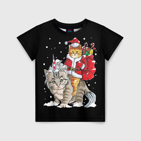 Детская футболка 3D с принтом Санта и кот единорог в Екатеринбурге, 100% гипоаллергенный полиэфир | прямой крой, круглый вырез горловины, длина до линии бедер, чуть спущенное плечо, ткань немного тянется | Тематика изображения на принте: 