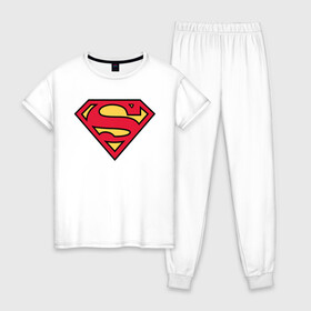Женская пижама хлопок с принтом Superman logo в Екатеринбурге, 100% хлопок | брюки и футболка прямого кроя, без карманов, на брюках мягкая резинка на поясе и по низу штанин | Тематика изображения на принте: clark kent | superman | кларк кент | супермен | супермэн