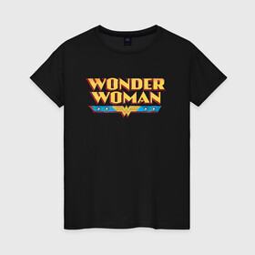 Женская футболка хлопок с принтом Wonder Woman Text Logo в Екатеринбурге, 100% хлопок | прямой крой, круглый вырез горловины, длина до линии бедер, слегка спущенное плечо | Тематика изображения на принте: dc | dc comics | diana prince | shtatjl | wonder woman | вандер вуман | вондер вуман | диана принс | супер женщина | чудо женщина