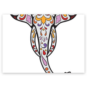 Поздравительная открытка с принтом Слон - сахарный череп в Екатеринбурге, 100% бумага | плотность бумаги 280 г/м2, матовая, на обратной стороне линовка и место для марки
 | day of the dead | голова слона   сахарный череп | дня мертвых | мексиканский череп | розами | сердцем. дизайн для хэллоуина | украшенный цветами