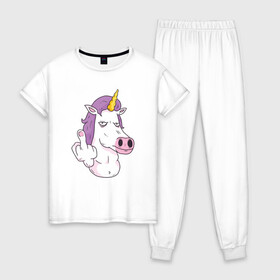 Женская пижама хлопок с принтом Злой Единорог в Екатеринбурге, 100% хлопок | брюки и футболка прямого кроя, без карманов, на брюках мягкая резинка на поясе и по низу штанин | angry | angry unicorn | unicorn | единорог | злой | злой единорог | радуга