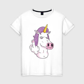 Женская футболка хлопок с принтом Злой Единорог в Екатеринбурге, 100% хлопок | прямой крой, круглый вырез горловины, длина до линии бедер, слегка спущенное плечо | angry | angry unicorn | unicorn | единорог | злой | злой единорог | радуга