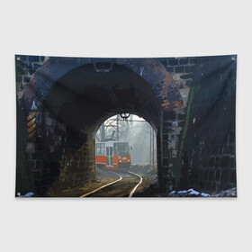 Флаг-баннер с принтом Трамвай в Екатеринбурге, 100% полиэстер | размер 67 х 109 см, плотность ткани — 95 г/м2; по краям флага есть четыре люверса для крепления | rails | railway | tram | trees | tunnel | деревья | железная дорога | рельсы | тоннель | трамвай