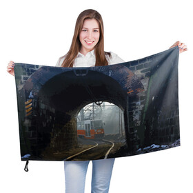Флаг 3D с принтом Трамвай в Екатеринбурге, 100% полиэстер | плотность ткани — 95 г/м2, размер — 67 х 109 см. Принт наносится с одной стороны | rails | railway | tram | trees | tunnel | деревья | железная дорога | рельсы | тоннель | трамвай