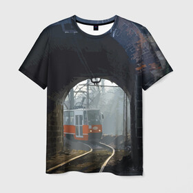 Мужская футболка 3D с принтом Трамвай в Екатеринбурге, 100% полиэфир | прямой крой, круглый вырез горловины, длина до линии бедер | Тематика изображения на принте: rails | railway | tram | trees | tunnel | деревья | железная дорога | рельсы | тоннель | трамвай