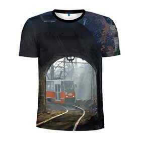 Мужская футболка 3D спортивная с принтом Трамвай в Екатеринбурге, 100% полиэстер с улучшенными характеристиками | приталенный силуэт, круглая горловина, широкие плечи, сужается к линии бедра | rails | railway | tram | trees | tunnel | деревья | железная дорога | рельсы | тоннель | трамвай