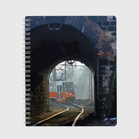 Тетрадь с принтом Трамвай в Екатеринбурге, 100% бумага | 48 листов, плотность листов — 60 г/м2, плотность картонной обложки — 250 г/м2. Листы скреплены сбоку удобной пружинной спиралью. Уголки страниц и обложки скругленные. Цвет линий — светло-серый
 | rails | railway | tram | trees | tunnel | деревья | железная дорога | рельсы | тоннель | трамвай