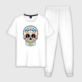 Мужская пижама хлопок с принтом Skull - мексиканский череп в Екатеринбурге, 100% хлопок | брюки и футболка прямого кроя, без карманов, на брюках мягкая резинка на поясе и по низу штанин
 | 