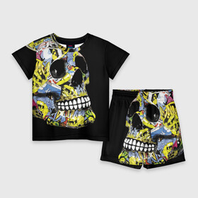 Детский костюм с шортами 3D с принтом Graffiti в Екатеринбурге,  |  | color | fashion | graffiti | grin | jaw | orbits | skull | teeth | глазницы | граффити | зубы | мода | оскал | цвет | череп