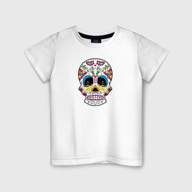 Детская футболка хлопок с принтом Мексиканский череп - Skull в Екатеринбурге, 100% хлопок | круглый вырез горловины, полуприлегающий силуэт, длина до линии бедер | Тематика изображения на принте: calavera | day of the dead | dia de los muertos | halloween | skull | sugar skull | готика | день мертвых | колдовство | мексиканский череп | мистика | подарок | сахарный череп | цветы | череп