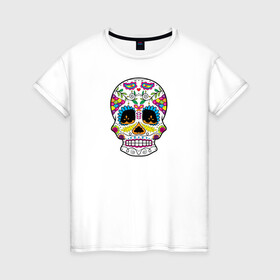 Женская футболка хлопок с принтом Мексиканский череп - Skull в Екатеринбурге, 100% хлопок | прямой крой, круглый вырез горловины, длина до линии бедер, слегка спущенное плечо | calavera | day of the dead | dia de los muertos | halloween | skull | sugar skull | готика | день мертвых | колдовство | мексиканский череп | мистика | подарок | сахарный череп | цветы | череп