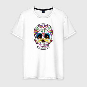 Мужская футболка хлопок с принтом Мексиканский череп - Skull в Екатеринбурге, 100% хлопок | прямой крой, круглый вырез горловины, длина до линии бедер, слегка спущенное плечо. | calavera | day of the dead | dia de los muertos | halloween | skull | sugar skull | готика | день мертвых | колдовство | мексиканский череп | мистика | подарок | сахарный череп | цветы | череп