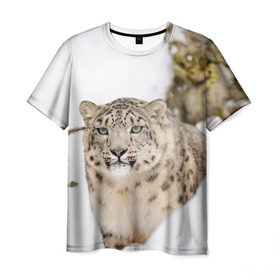Мужская футболка 3D с принтом Ирбис в Екатеринбурге, 100% полиэфир | прямой крой, круглый вырез горловины, длина до линии бедер | snow leopard | барс | барсы | животное | животные | звери | зверь | зима | зимы | ирбис | киски | кот | коты | кошачьи | кошка | кошки | мохнатые | мохнатый | пятнистые | пятнистый | снег | снежный