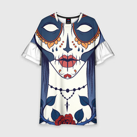 Детское платье 3D с принтом Мексиканский сахарный череп в Екатеринбурге, 100% полиэстер | прямой силуэт, чуть расширенный к низу. Круглая горловина, на рукавах — воланы | day of the dead | dia de los muertos | gothic | halloween | skull | sugar skull | готика | день мертвых | женский череп | мексиканский череп | мистика | подарок | сахарный череп | хэллоуин