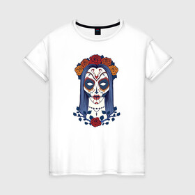 Женская футболка хлопок с принтом Мексиканский сахарный череп в Екатеринбурге, 100% хлопок | прямой крой, круглый вырез горловины, длина до линии бедер, слегка спущенное плечо | day of the dead | dia de los muertos | gothic | halloween | skull | sugar skull | готика | день мертвых | женский череп | мексиканский череп | мистика | подарок | сахарный череп | хэллоуин
