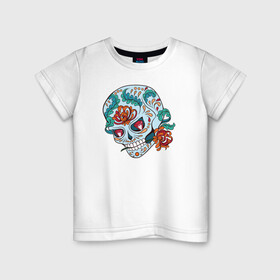 Детская футболка хлопок с принтом Череп с цветами в Екатеринбурге, 100% хлопок | круглый вырез горловины, полуприлегающий силуэт, длина до линии бедер | Тематика изображения на принте: 8 марта | day of the dead | gothic | halloween | skull | sugar skull | день мертвых | женский череп | мексиканский череп | новый год | подарок | сахарный череп | хэллоуин | человек | череп девушки