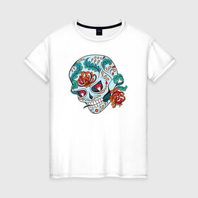 Женская футболка хлопок с принтом Череп с цветами в Екатеринбурге, 100% хлопок | прямой крой, круглый вырез горловины, длина до линии бедер, слегка спущенное плечо | 8 марта | day of the dead | gothic | halloween | skull | sugar skull | день мертвых | женский череп | мексиканский череп | новый год | подарок | сахарный череп | хэллоуин | человек | череп девушки